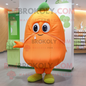 Orange Cucumber mascot costume character dressed with a Parka and Clutch bags