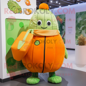 Orange Cucumber mascot costume character dressed with a Parka and Clutch bags