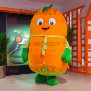 Orange Cucumber mascot costume character dressed with a Parka and Clutch bags