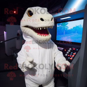 White T Rex mascot costume character dressed with a Sweatshirt and Mittens