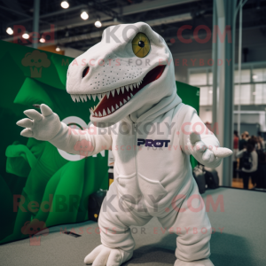 White T Rex mascot costume character dressed with a Sweatshirt and Mittens