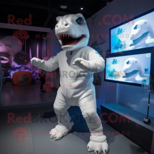 White T Rex mascot costume character dressed with a Sweatshirt and Mittens