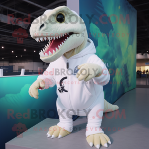 White T Rex mascot costume character dressed with a Sweatshirt and Mittens