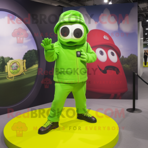 Lime Green Camera mascot costume character dressed with a Joggers and Berets