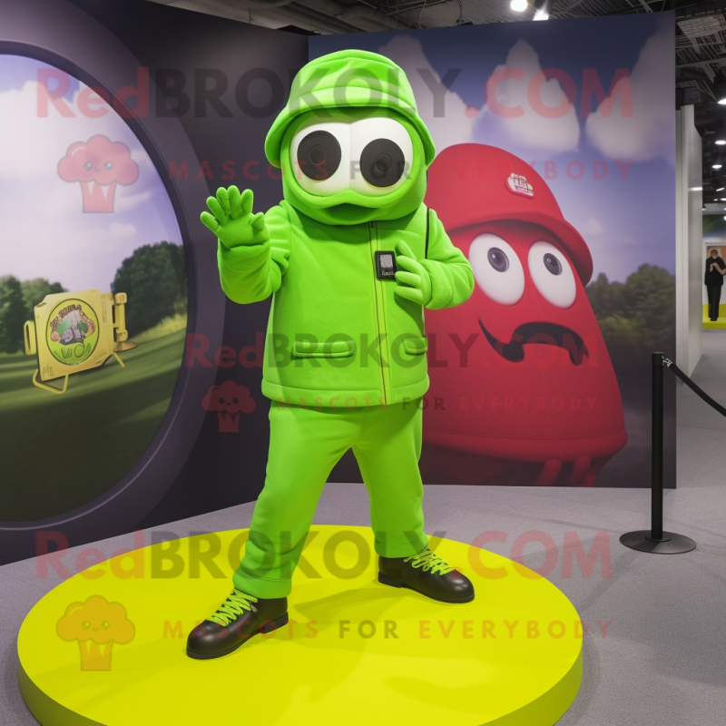 Lime Green Camera mascot costume character dressed with a Joggers and Berets Lime Green Camera mascot costume character dressed with a Joggers and Berets