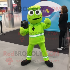 Lime Green Camera mascot costume character dressed with a Joggers and Berets