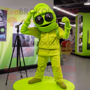 Lime Green Camera mascot costume character dressed with a Joggers and Berets