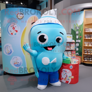 Cyan Sushi mascot costume character dressed with a Polo Shirt and Coin purses