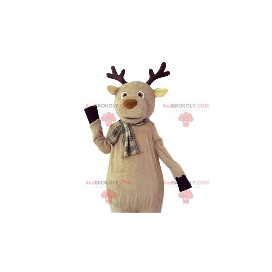 Beżowa maskotka jelenia z szalikiem w kratę - Redbrokoly.com