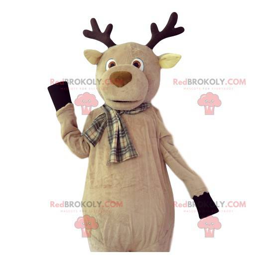 Beige hertenmascotte met een geruite sjaal - Redbrokoly.com