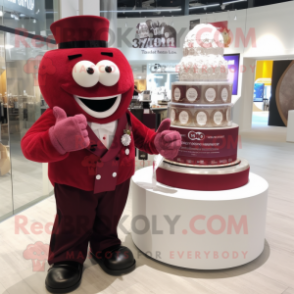 Maroon Wedding Cake mascot costume character dressed with a Jacket and Smartwatches