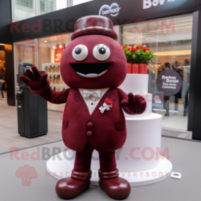 Maroon Wedding Cake mascot costume character dressed with a Jacket and Smartwatches