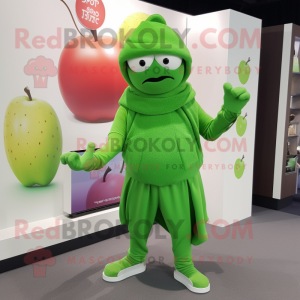 Green Plum mascot costume character dressed with a Joggers and Shawl pins