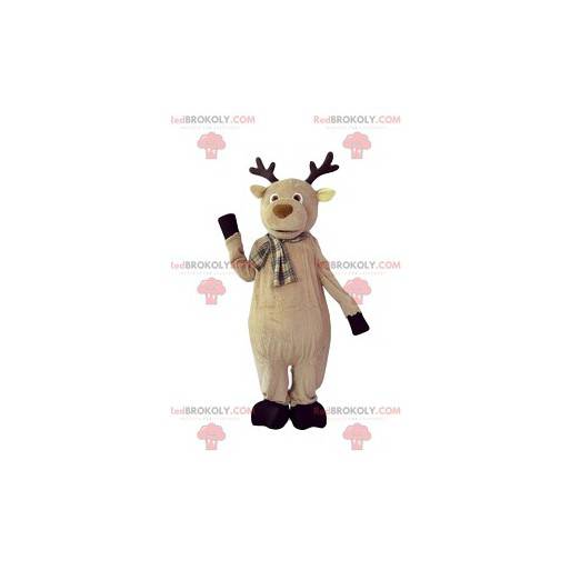 Beige Hirsch Maskottchen mit einem karierten Schal -