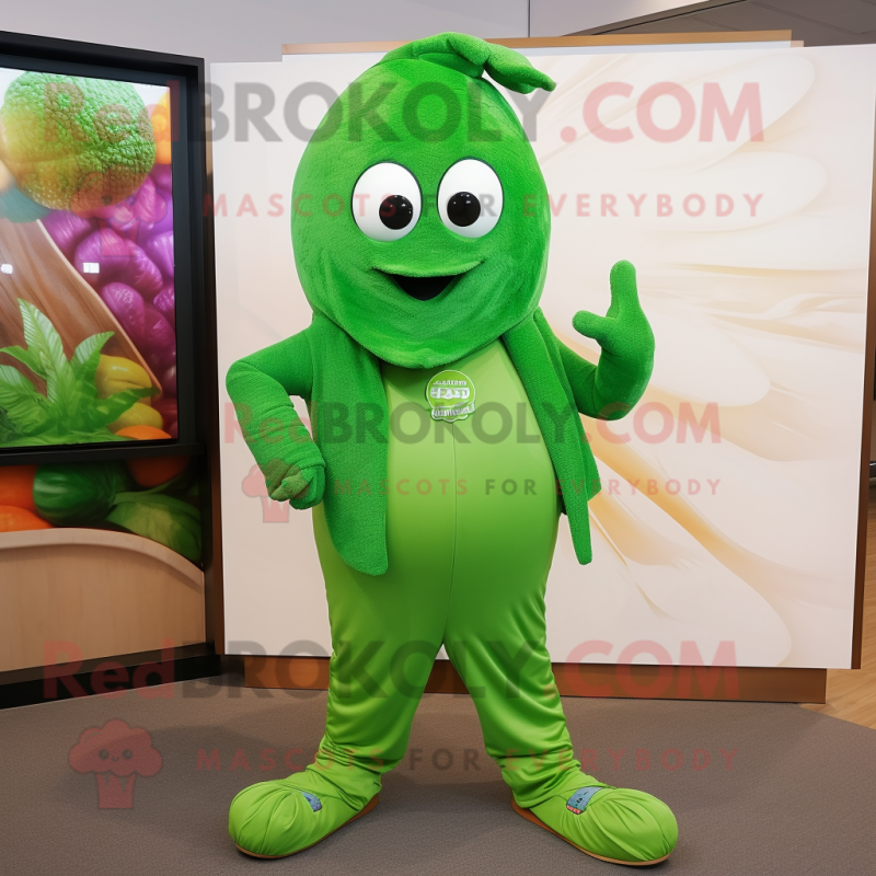 Green Plum mascot costume character dressed with a Joggers and Shawl pins Green Plum mascot costume character dressed with a Joggers and Shawl pins