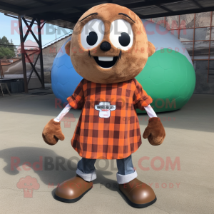 Rust Soccer Ball mascot costume character dressed with a Flannel Shirt and Wraps