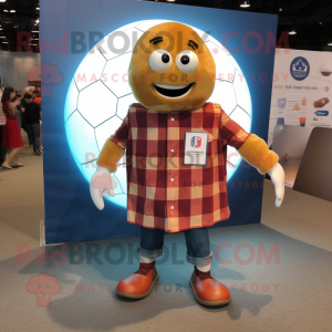 Rust Soccer Ball mascot costume character dressed with a Flannel Shirt and Wraps