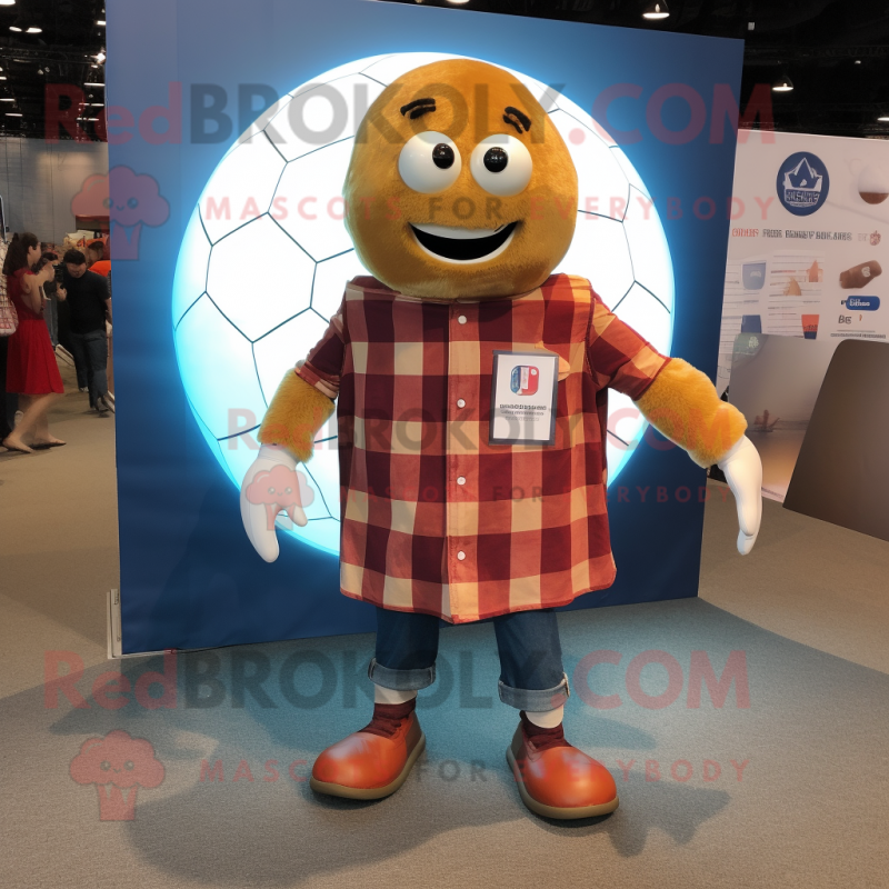 Rust Soccer Ball mascot costume character dressed with a Flannel Shirt and Wraps Rust Soccer Ball mascot costume character dressed with a Flannel Shirt and Wraps