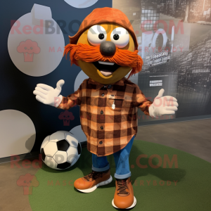 Rust Soccer Ball mascot costume character dressed with a Flannel Shirt and Wraps