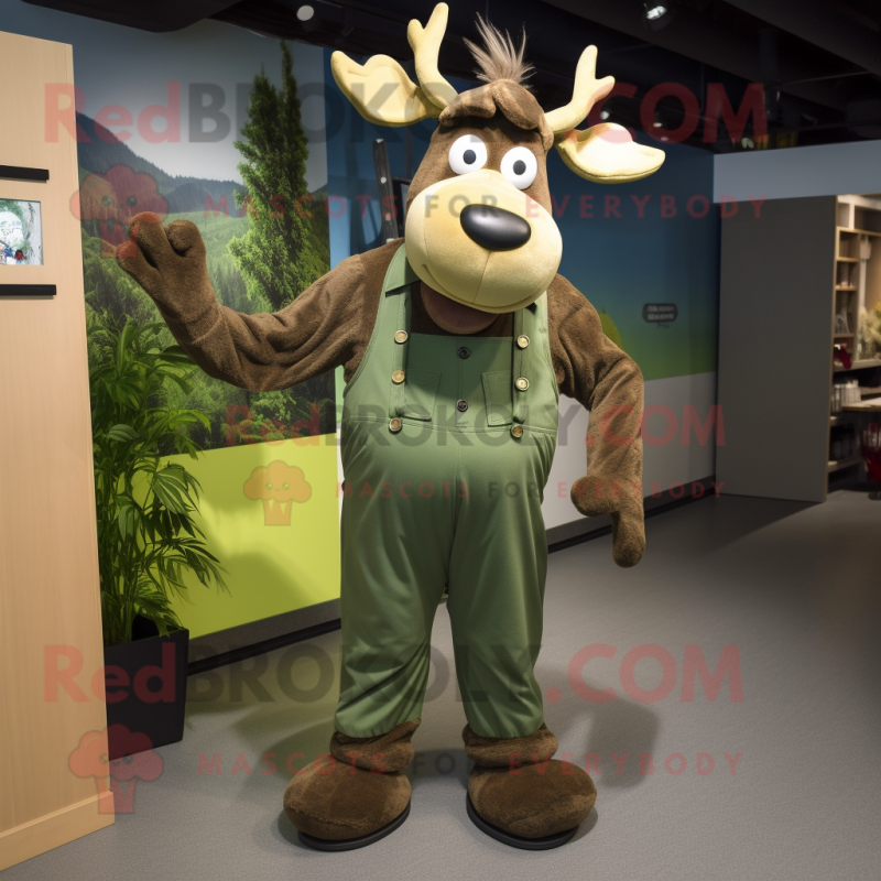 Olive Moose mascot costume character dressed with a Dungarees and Earrings