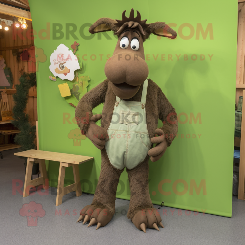 Olive Moose mascot costume character dressed with a Dungarees and Earrings