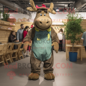 Olive Moose mascot costume character dressed with a Dungarees and Earrings