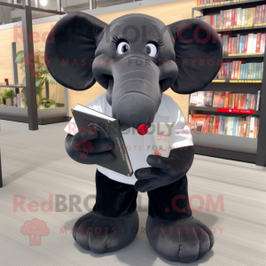 Black Elephant mascot costume character dressed with a Poplin Shirt and Reading glasses