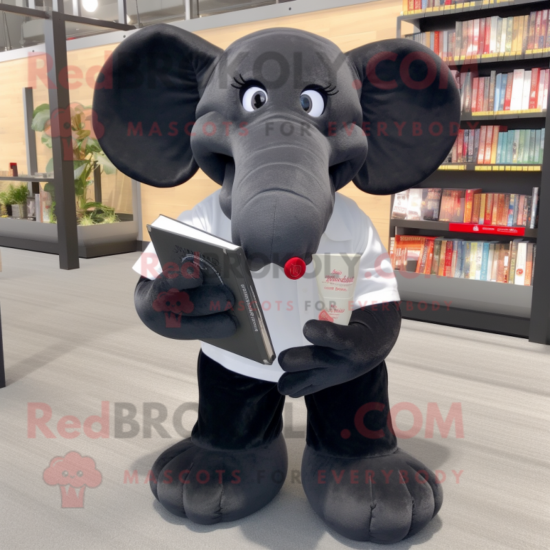 Black Elephant mascot costume character dressed with a Poplin Shirt and Reading glasses Black Elephant mascot costume character dressed with a Poplin Shirt and Reading glasses