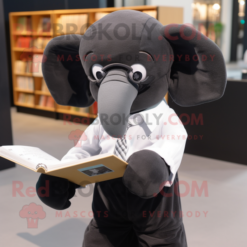 Black Elephant mascot costume character dressed with a Poplin Shirt and Reading glasses