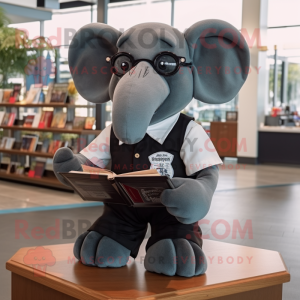Black Elephant mascot costume character dressed with a Poplin Shirt and Reading glasses