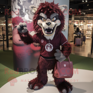 Maroon Werewolf mascot costume character dressed with a Henley Shirt and Handbags