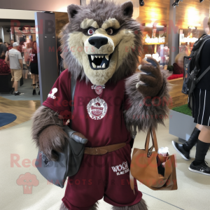 Maroon Werewolf mascot costume character dressed with a Henley Shirt and Handbags