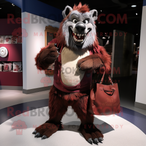 Maroon Werewolf mascot costume character dressed with a Henley Shirt and Handbags