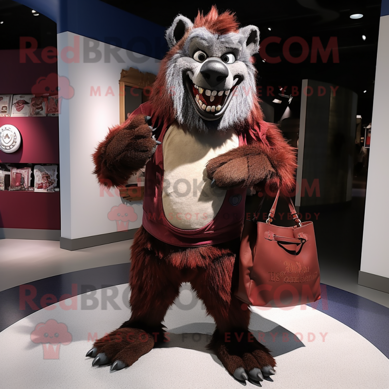 Maroon Werewolf mascot costume character dressed with a Henley Shirt and Handbags Maroon Werewolf mascot costume character dressed with a Henley Shirt and Handbags