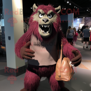 Maroon Werewolf mascot costume character dressed with a Henley Shirt and Handbags