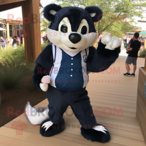 Navy Skunk mascot costume character dressed with a Corduroy Pants and Handbags