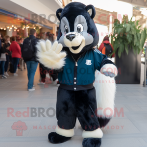 Navy Skunk mascot costume character dressed with a Corduroy Pants and Handbags