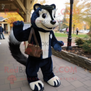 Navy Skunk mascot costume character dressed with a Corduroy Pants and Handbags