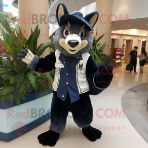 Navy Skunk mascot costume character dressed with a Corduroy Pants and Handbags