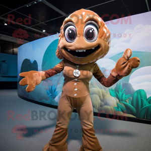 Brown Mermaid mascot costume character dressed with a Suit and Gloves