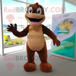 Brown Mermaid mascot costume character dressed with a Suit and Gloves