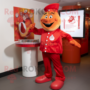 Red Goulash mascot costume character dressed with a Jumpsuit and Cufflinks