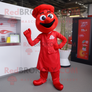 Red Goulash mascot costume character dressed with a Jumpsuit and Cufflinks
