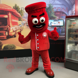 Red Goulash mascot costume character dressed with a Jumpsuit and Cufflinks