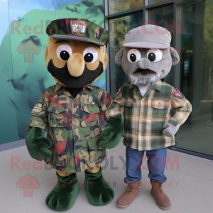 Navy Green Beret mascot costume character dressed with a Flannel Shirt and Brooches