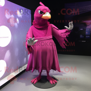 Magenta Pigeon mascot costume character dressed with a A-Line Dress and Rings