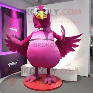 Magenta Pigeon mascot costume character dressed with a A-Line Dress and Rings