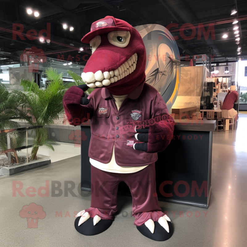 Maroon Tyrannosaurus mascot costume character dressed with a Cargo Pants and Hair clips