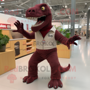 Maroon Tyrannosaurus mascot costume character dressed with a Cargo Pants and Hair clips