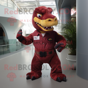 Maroon Tyrannosaurus mascot costume character dressed with a Cargo Pants and Hair clips